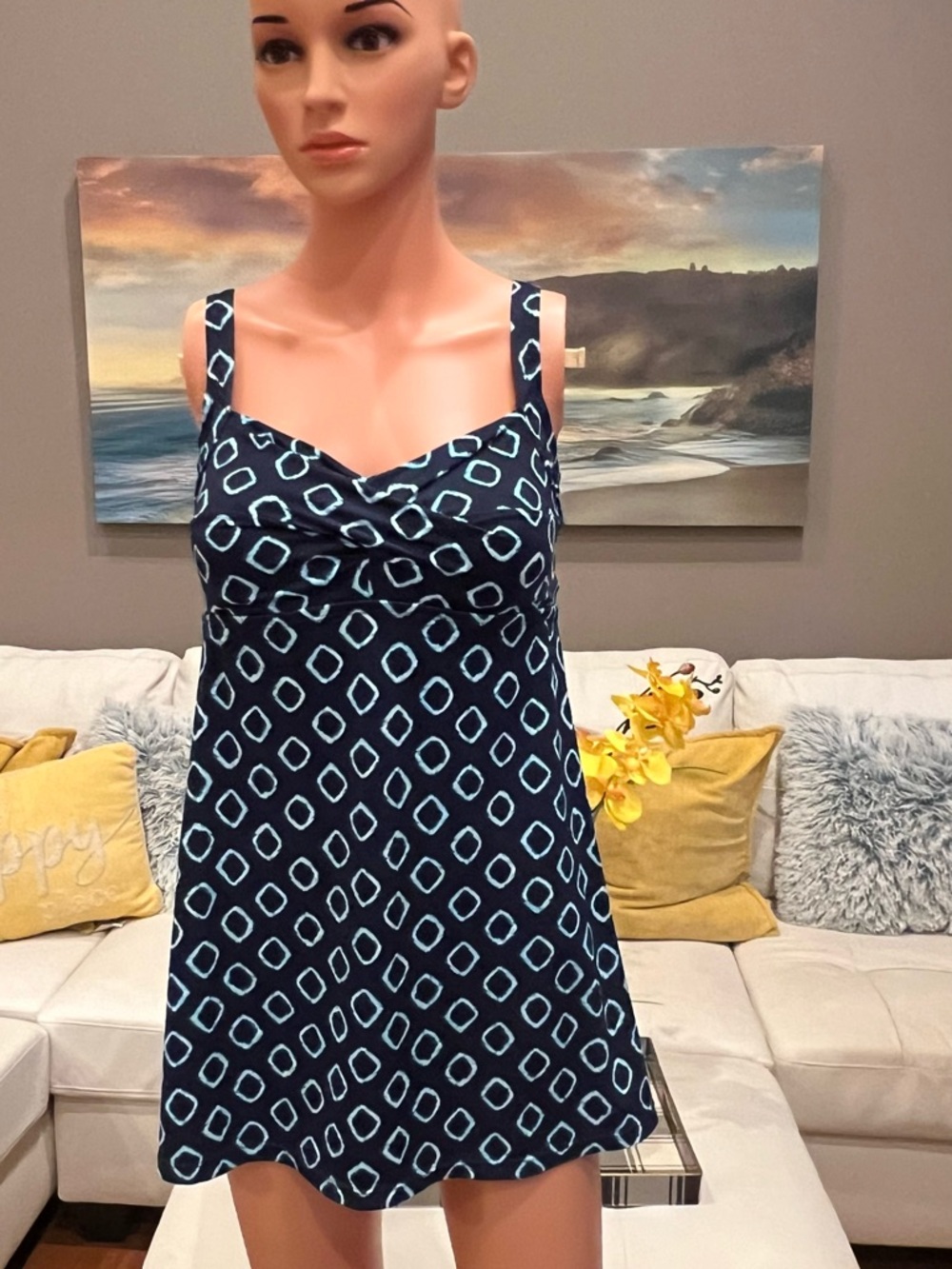 Navy Blue Geometric Print Tank Dress